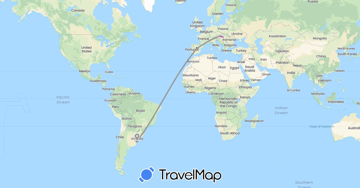TravelMap itinerary: driving, plane, train in Austria, Spain, Hungary, Uruguay (Europe, South America)