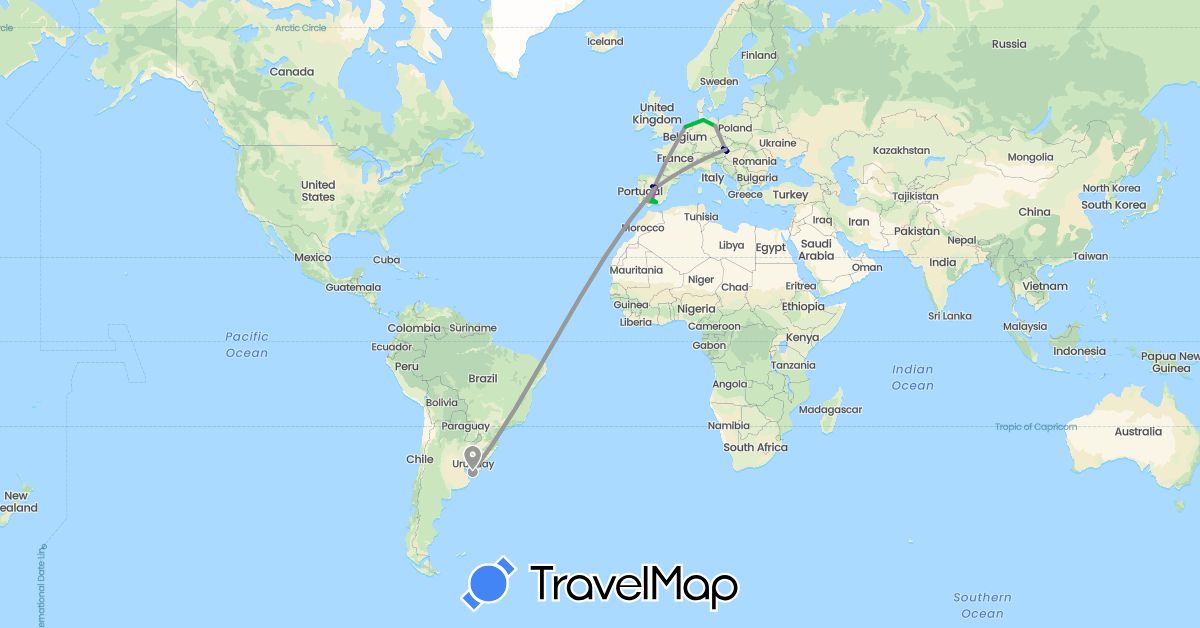 TravelMap itinerary: driving, bus, plane, train in Austria, Germany, Spain, Netherlands, Uruguay (Europe, South America)