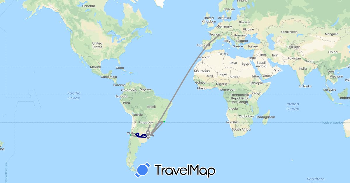 TravelMap itinerary: driving, bus, plane, boat in Argentina, Brazil, Switzerland, Chile, Spain, Uruguay (Europe, South America)